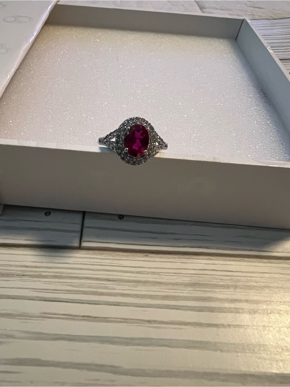 Vintage Estate SUN .925 Silver Lab Ruby & Genuine White Sapphire Halo Ring - Picture 9 of 9